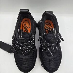 VERSACE  Chain Reaction Women Mesh Chunky-Heel Black